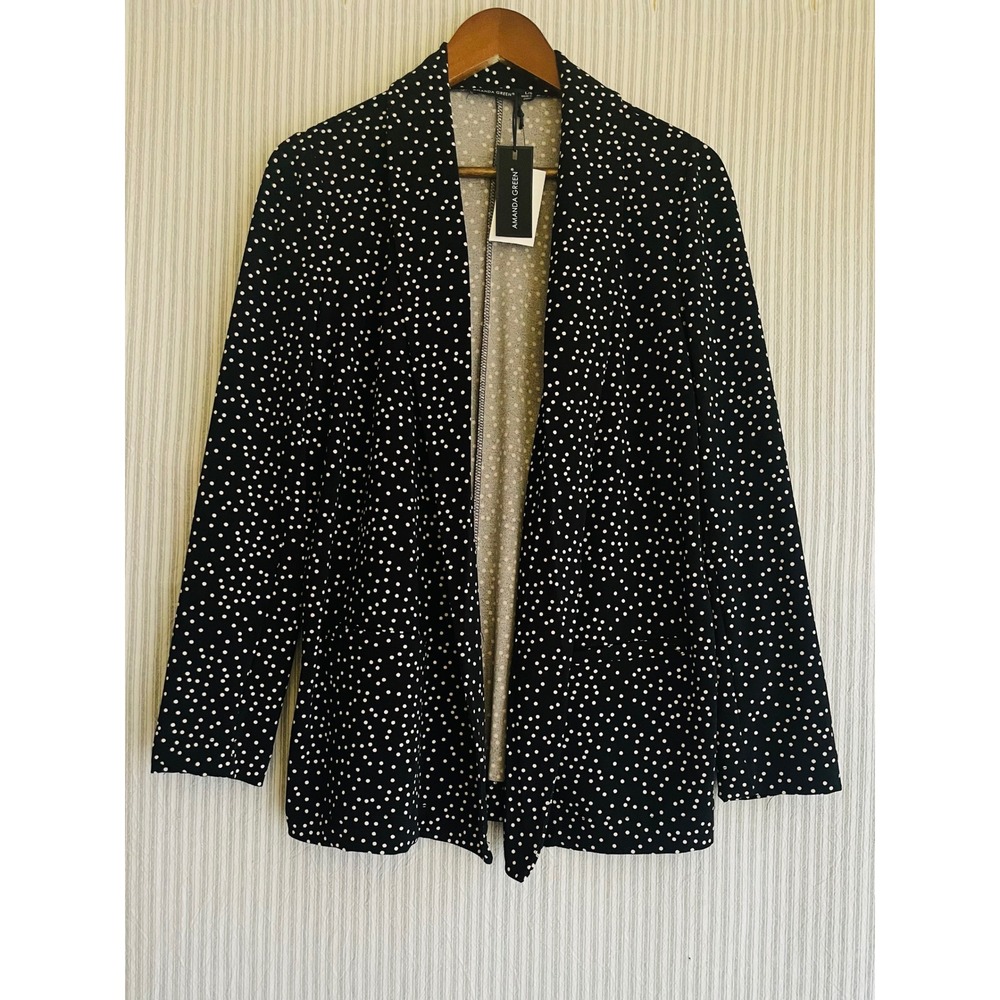 Amanda Green Womens Polka Dot Open Front Blazer Black White Stretch Jacket L NEW
